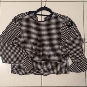 Zara Checkered Long-sleeve Blouse w/ Tie waist